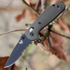 Benchmade Mini Griptilian 556SBKOD-S30V, 2.91" S30V Black Drop Point Combo Blade, OD Green Noryl GTX Handle